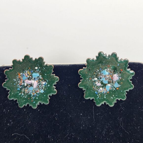 1950s Copper Enamel Clip On Earrings Retro Starburst Geometric Shape Glass Frit - Picture 2 of 9